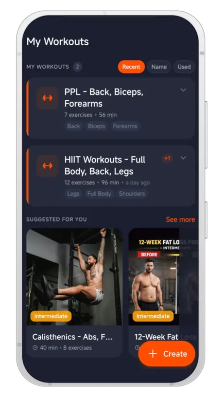 MojoFit workout generator showing goal, time, and location inputs with generated workout