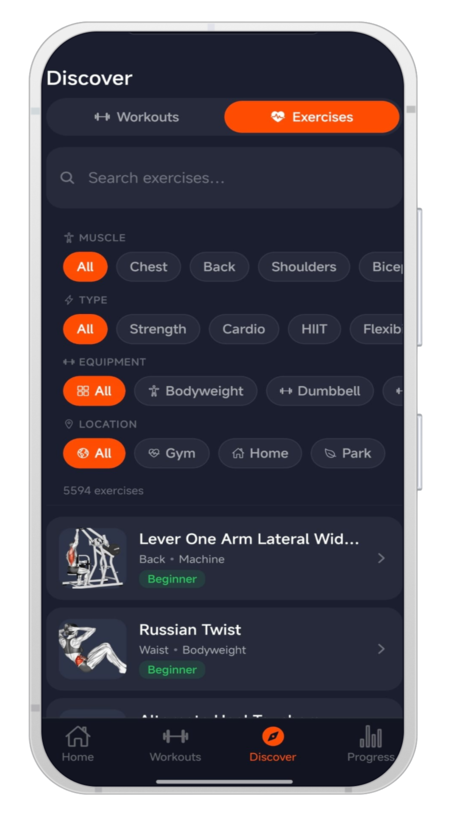MojoFit exercise execution screen with animated guide, muscle diagram and rest timer