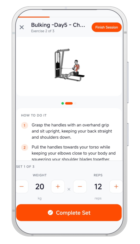 MojoFit exercise library showing filters and exercise cards with muscle diagrams